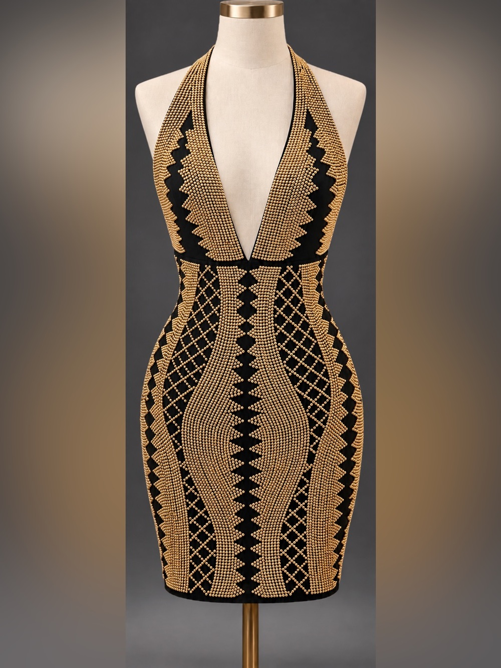 Bead-Embellished Halter Bodycon Mini Dress – Black & Gold
